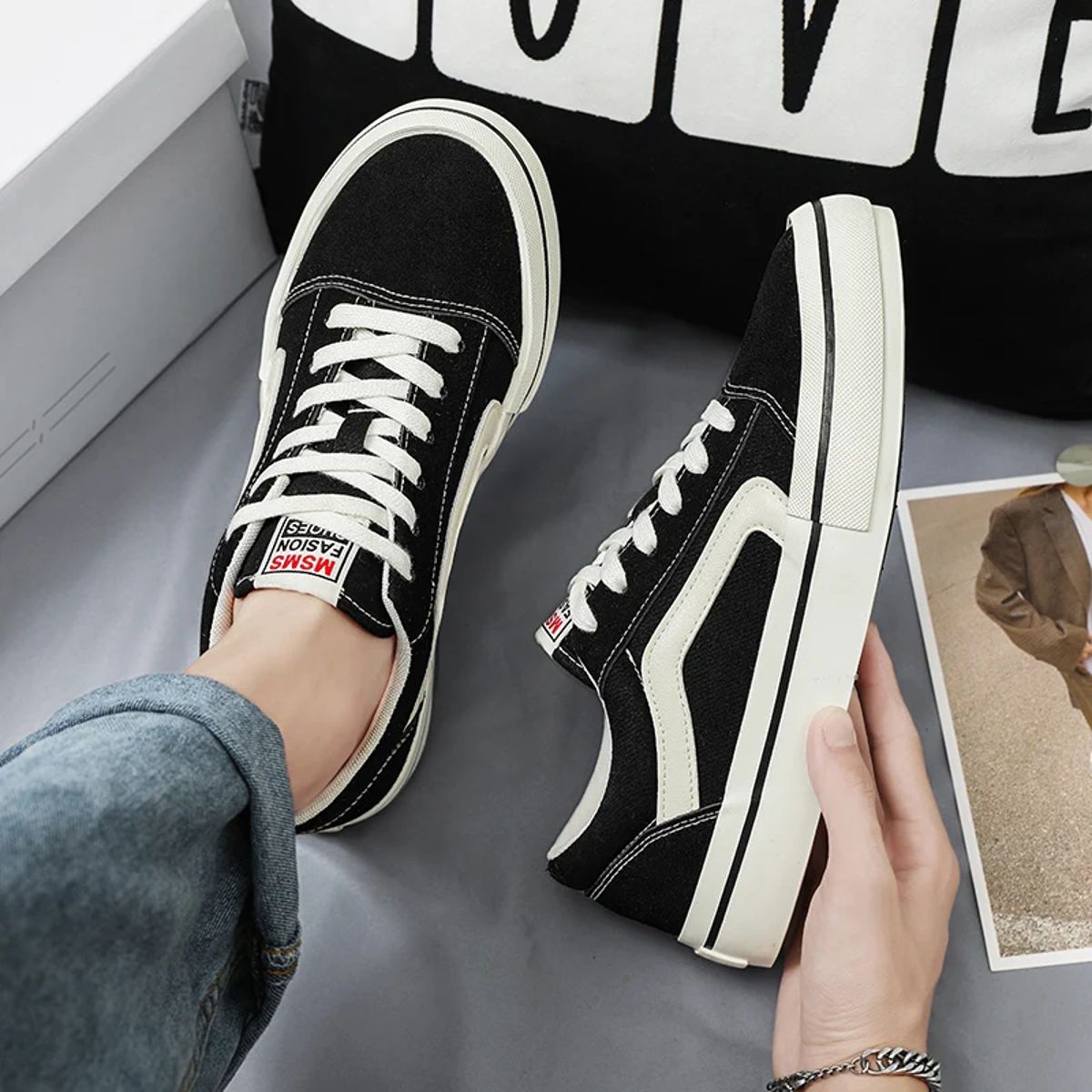 Men’s Black Canvas Vulcanized Sneakers with Skate-Inspired Design