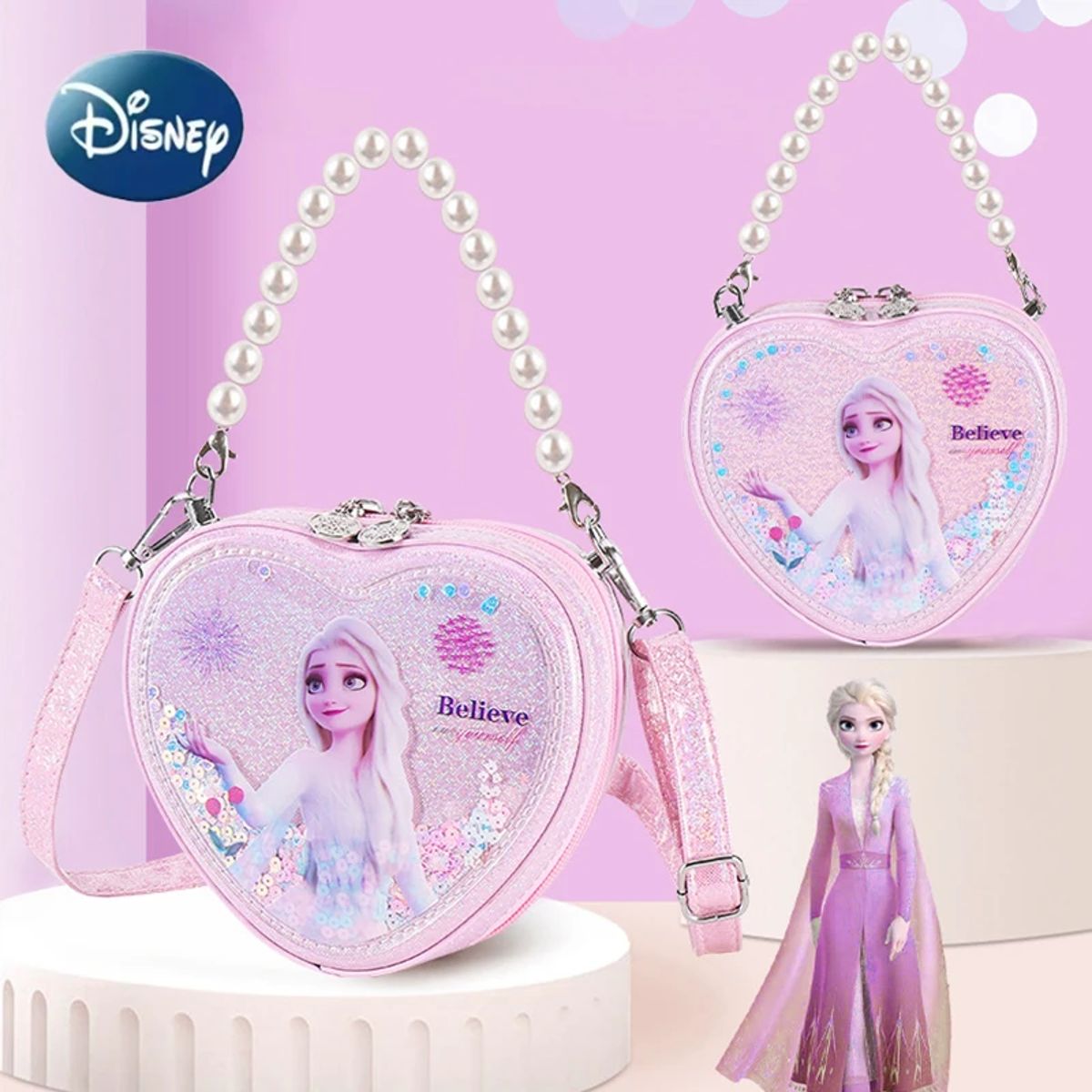 Heart-Shaped Elsa Shoulder Bag with Shiny Quicksand and Pearl Handle