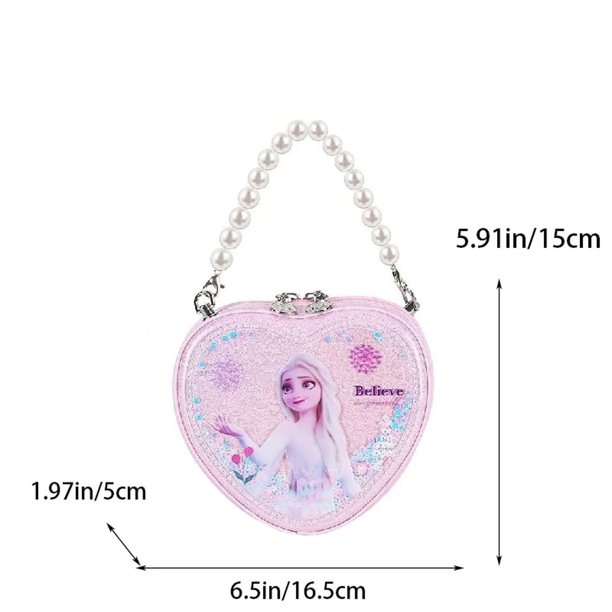 Heart-Shaped Elsa Shoulder Bag with Shiny Quicksand and Pearl Handle