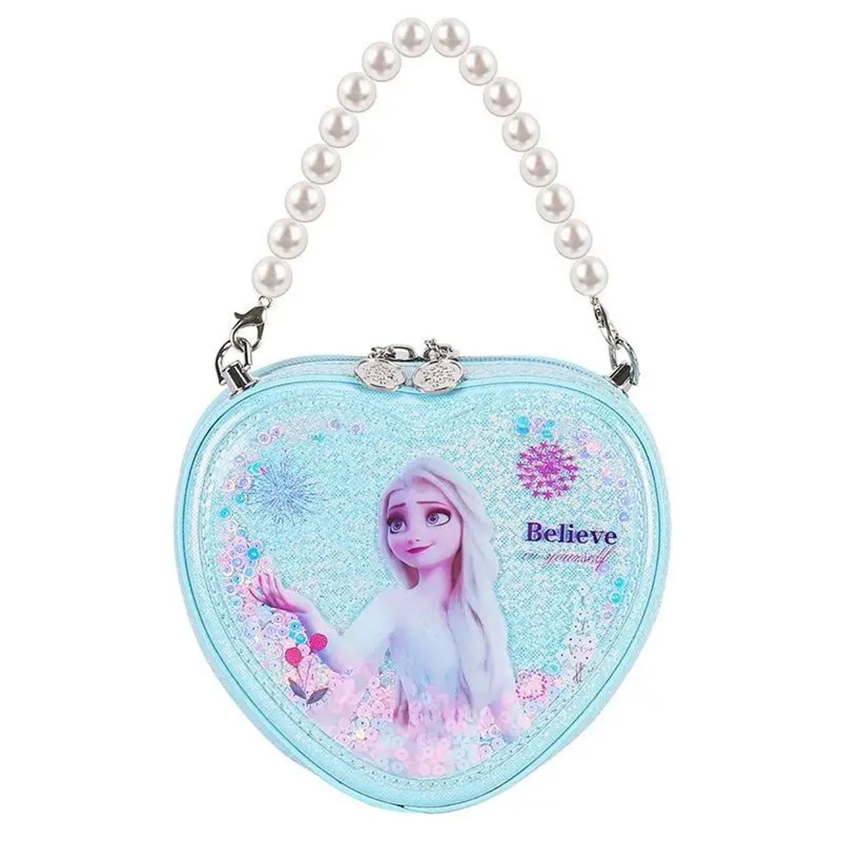 Heart-Shaped Elsa Shoulder Bag with Shiny Quicksand and Pearl Handle Heart-Shaped Elsa Shoulder Bag with Shiny Quicksand and Pearl Handle