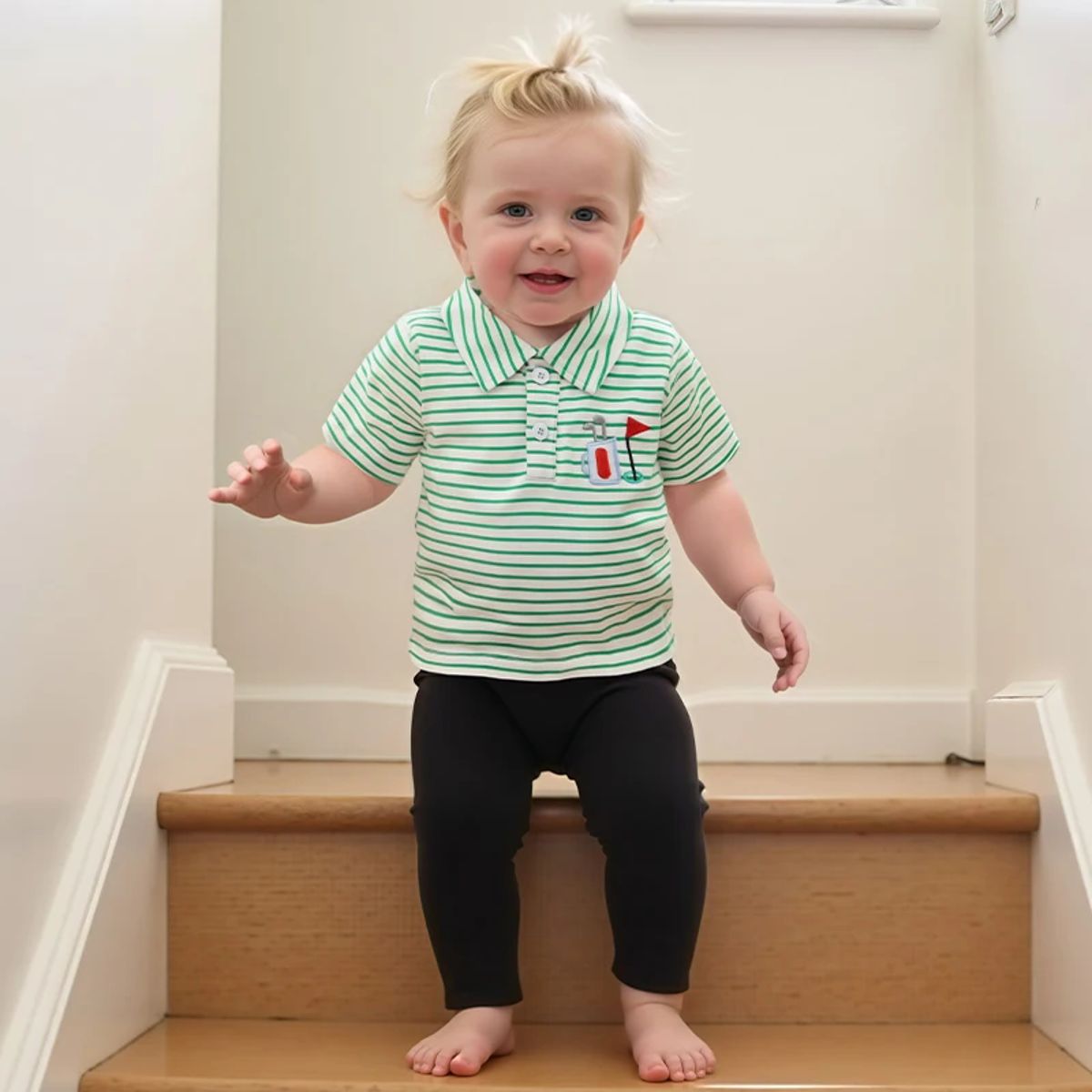 Toddler Boys Striped Golf Tee with Embroidered Detail