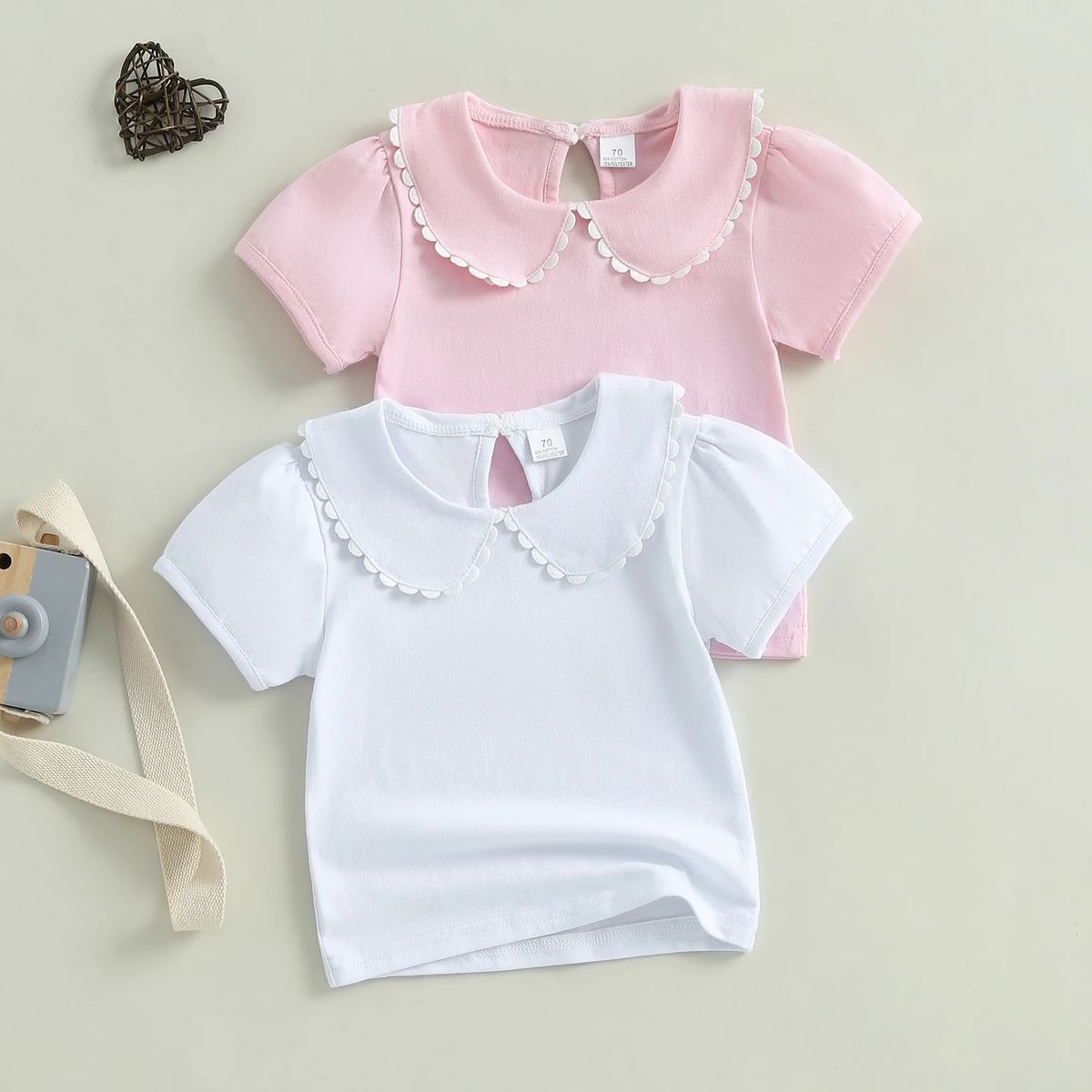 Little Girls Solid Color T-Shirt with Doll Collar Design