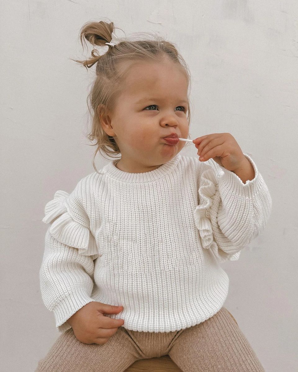 Baby Girls Knit Sweater with Ruffle Sleeves for Cooler Seasons Baby Girls Knit Sweater with Ruffle Sleeves for Cooler Seasons