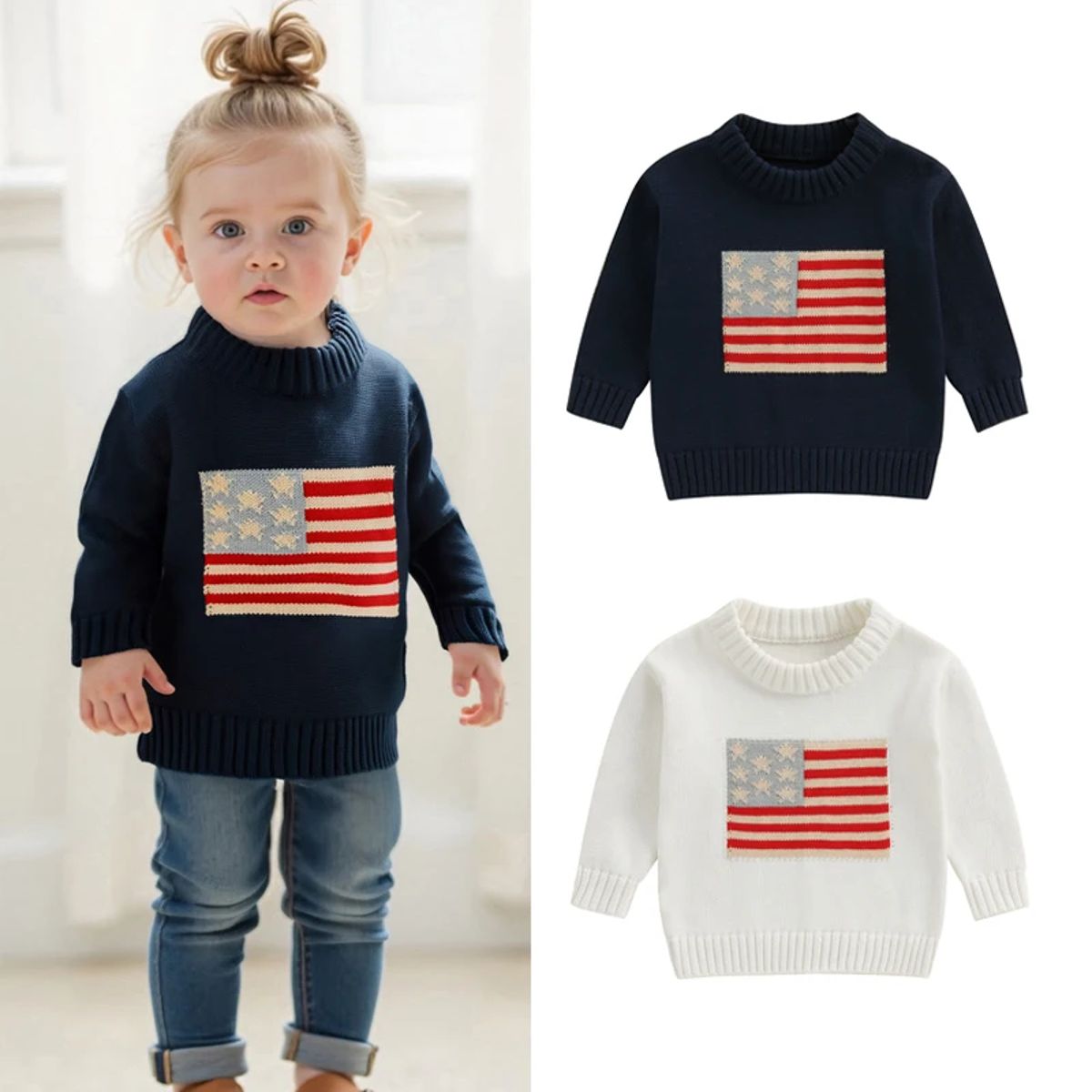 Girls Flag Embroidered Knit Sweater for Independence Day