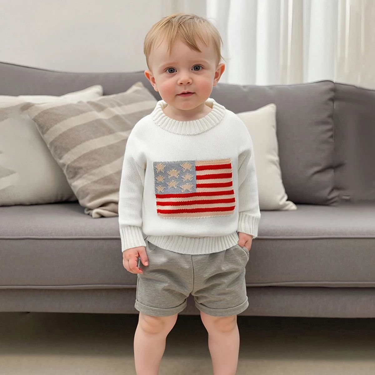 Girls Flag Embroidered Knit Sweater for Independence Day