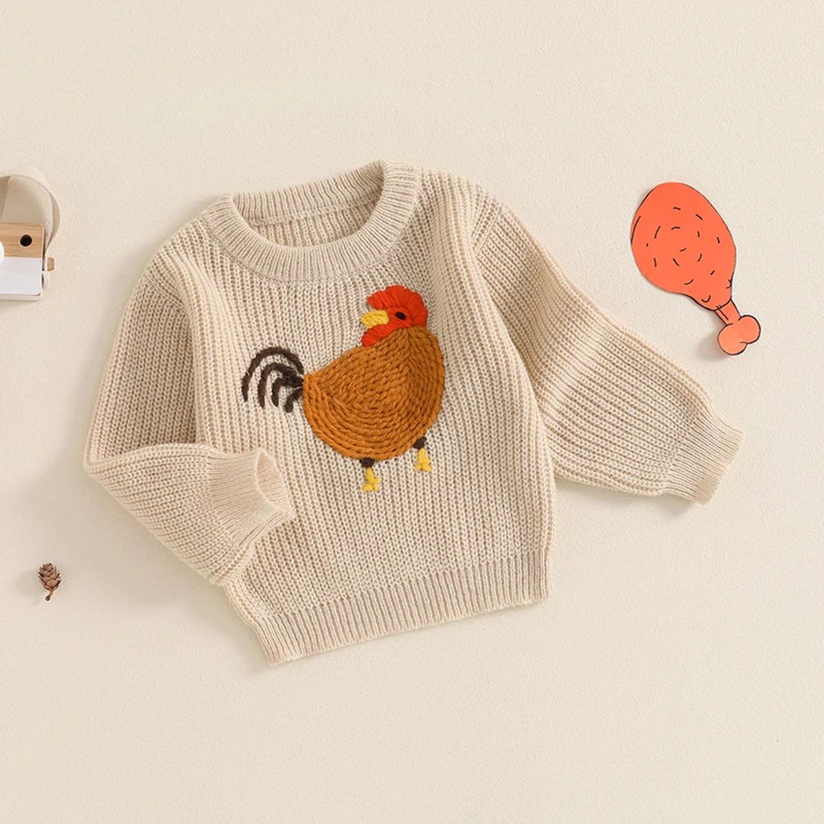 Kids Girls Rooster Embroidered Knit Sweater for Autumn Winter