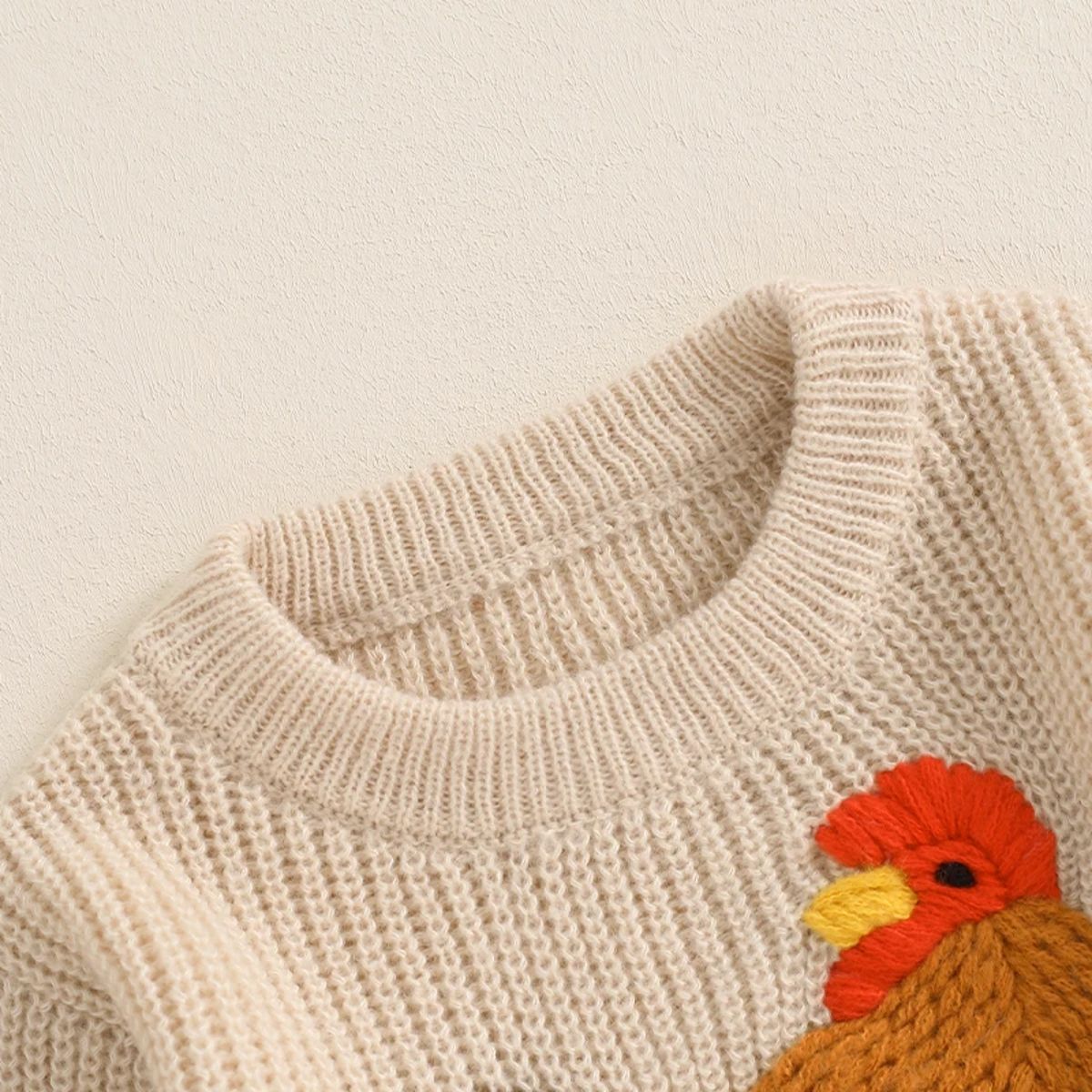 Kids Girls Rooster Embroidered Knit Sweater for Autumn Winter