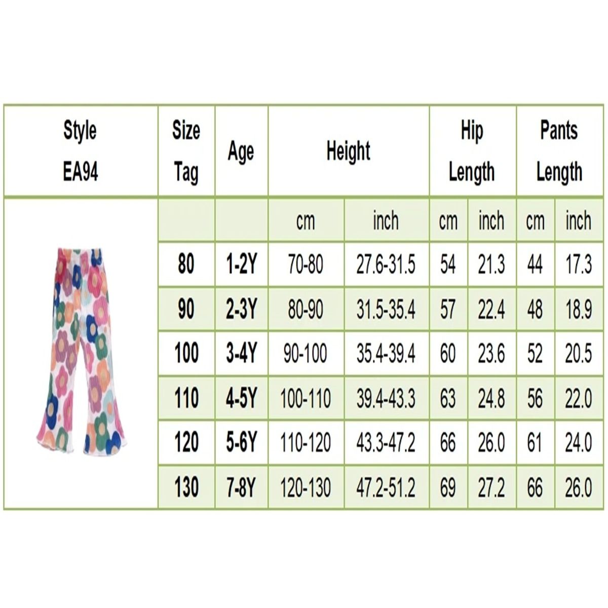 Lightweight Printed Bell Bottom Pants with Flared Hem for Girls