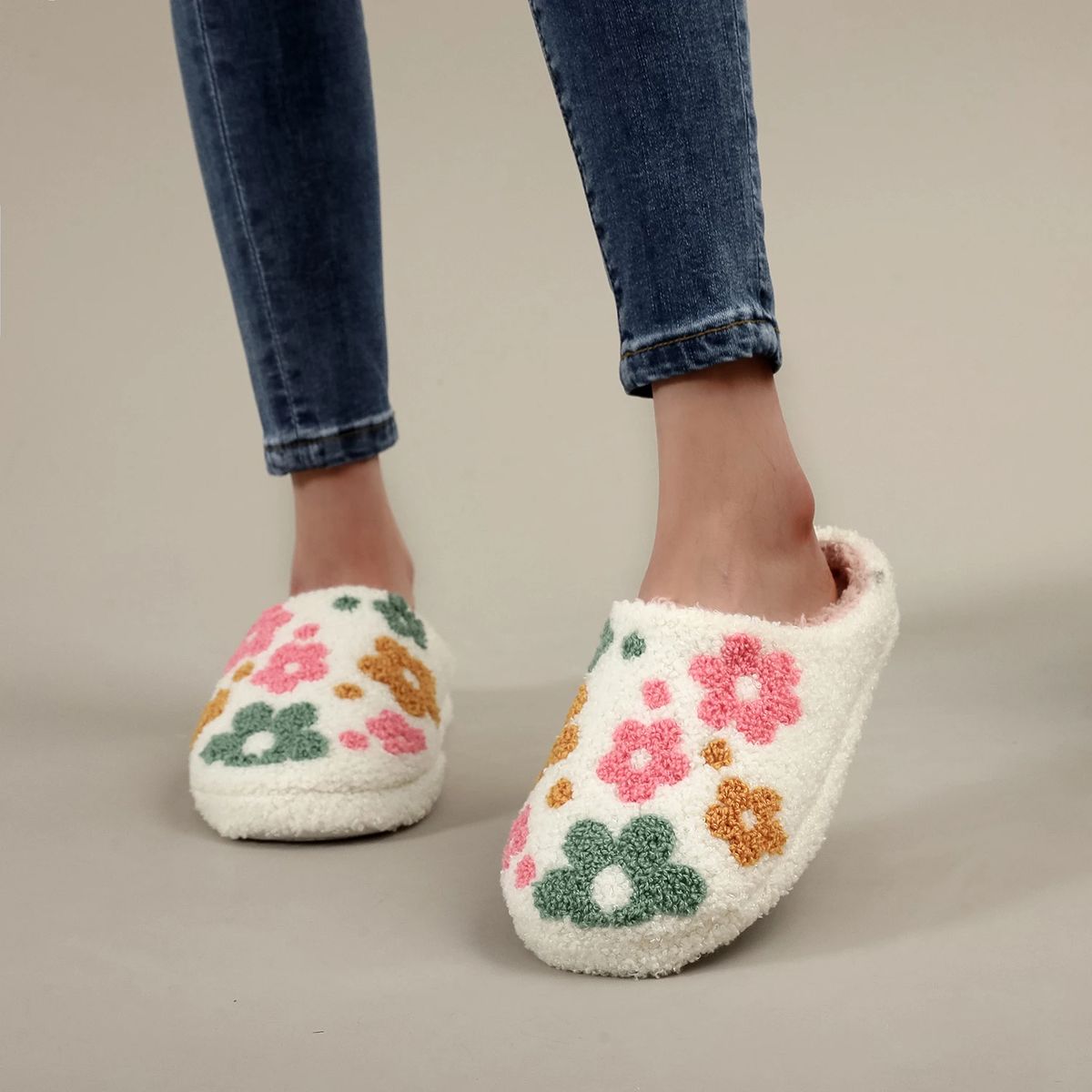 Furry Indoor Slippers with Colorful Wildflower Embroidery