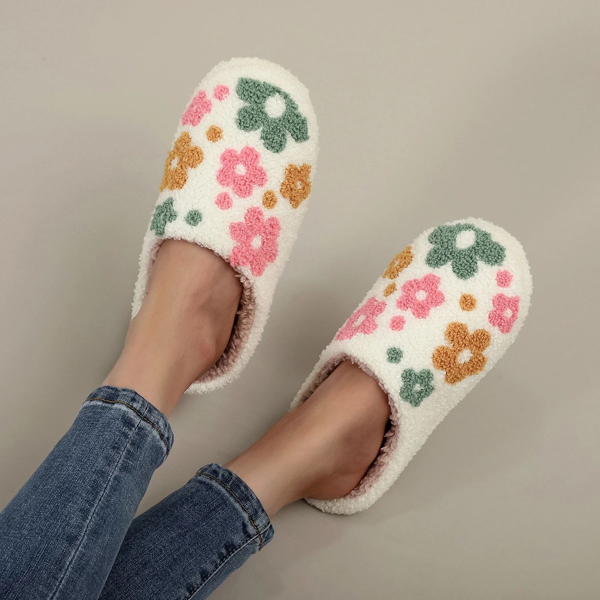 Furry Indoor Slippers with Colorful Wildflower Embroidery