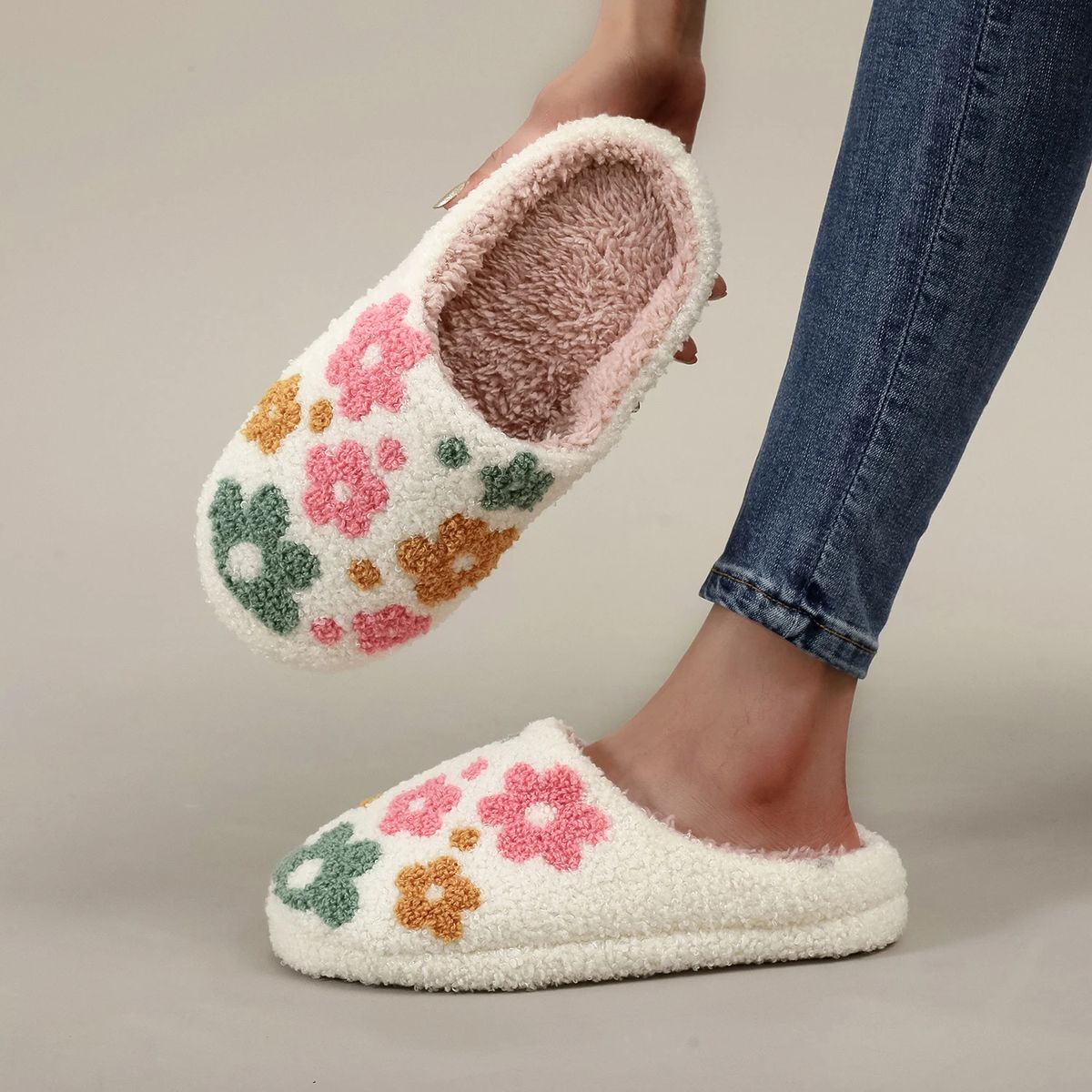 Furry Indoor Slippers with Colorful Wildflower Embroidery