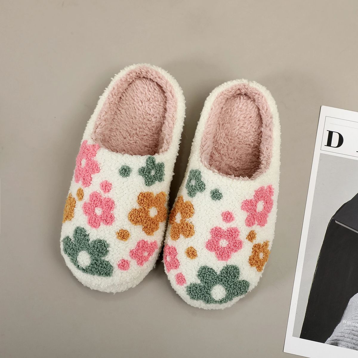 Furry Indoor Slippers with Colorful Wildflower Embroidery
