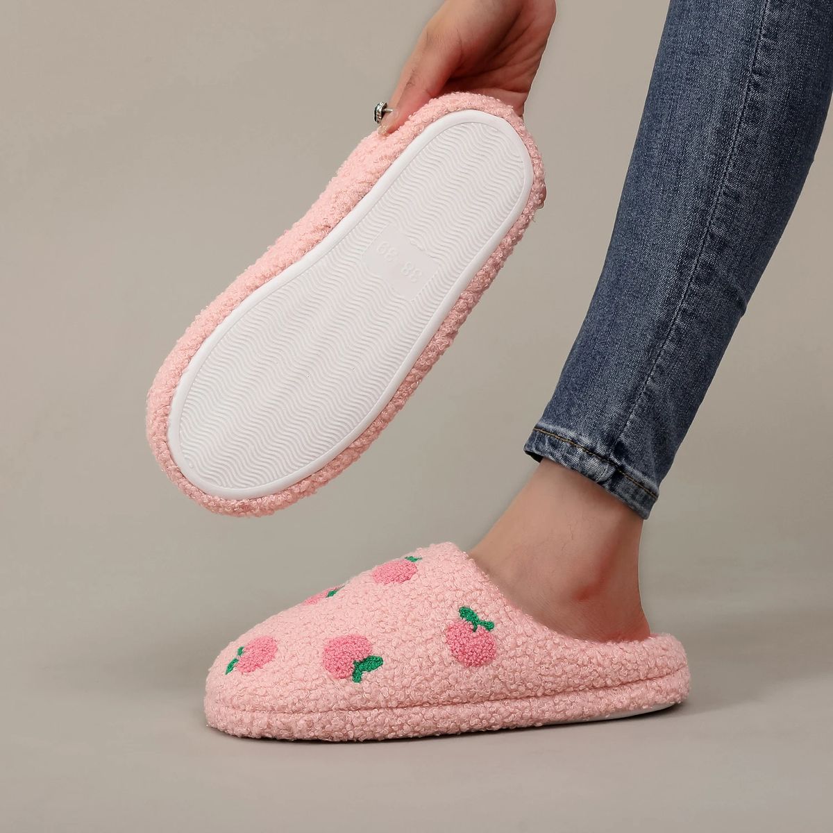 Pink Peach Embroidered Furry Indoor Slippers for Winter