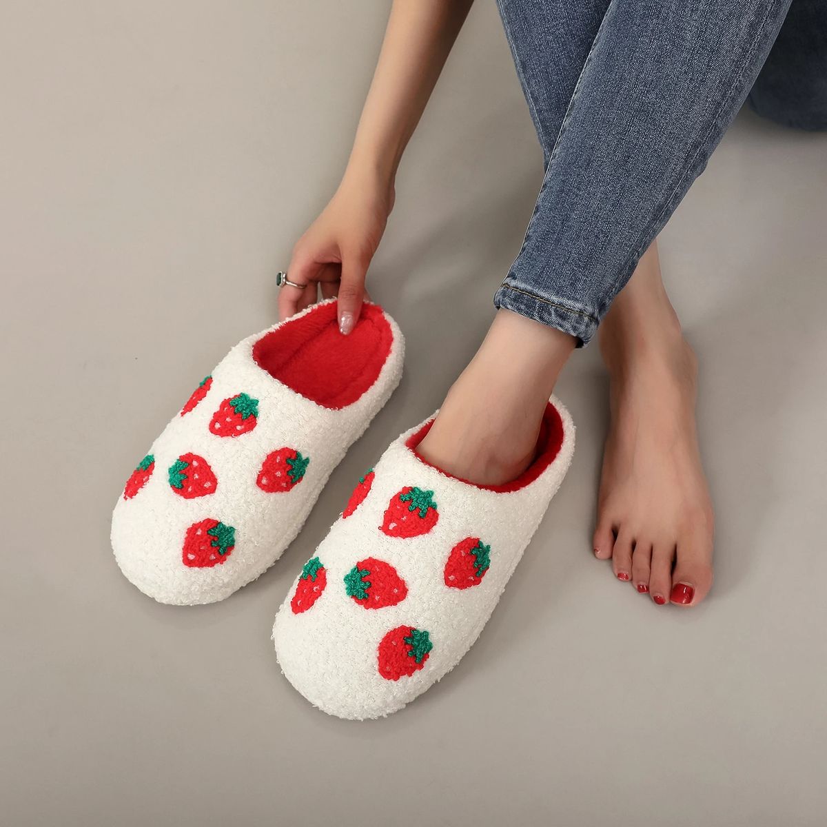 White Strawberry Embroidered Furry Indoor Winter Slippers