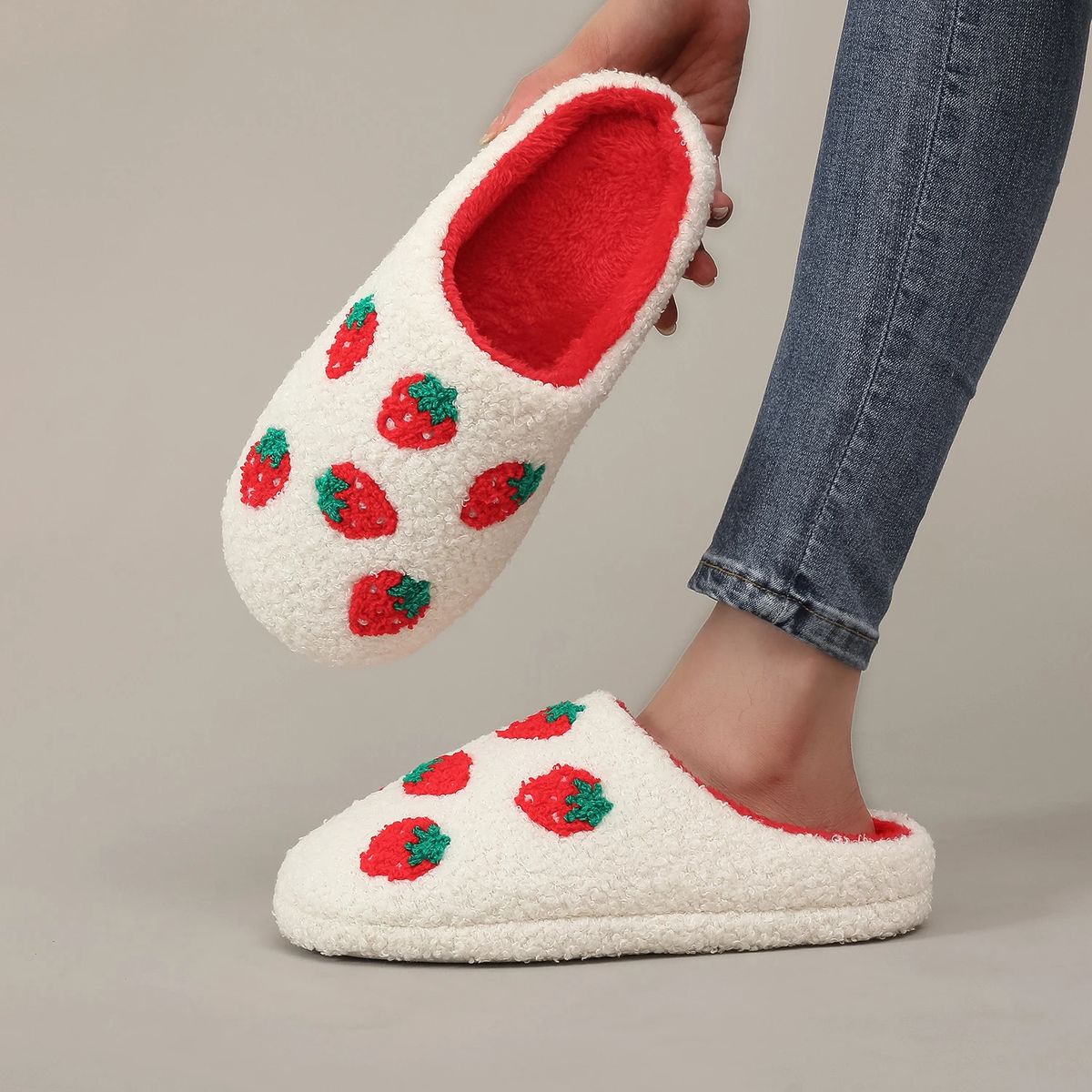 White Strawberry Embroidered Furry Indoor Winter Slippers