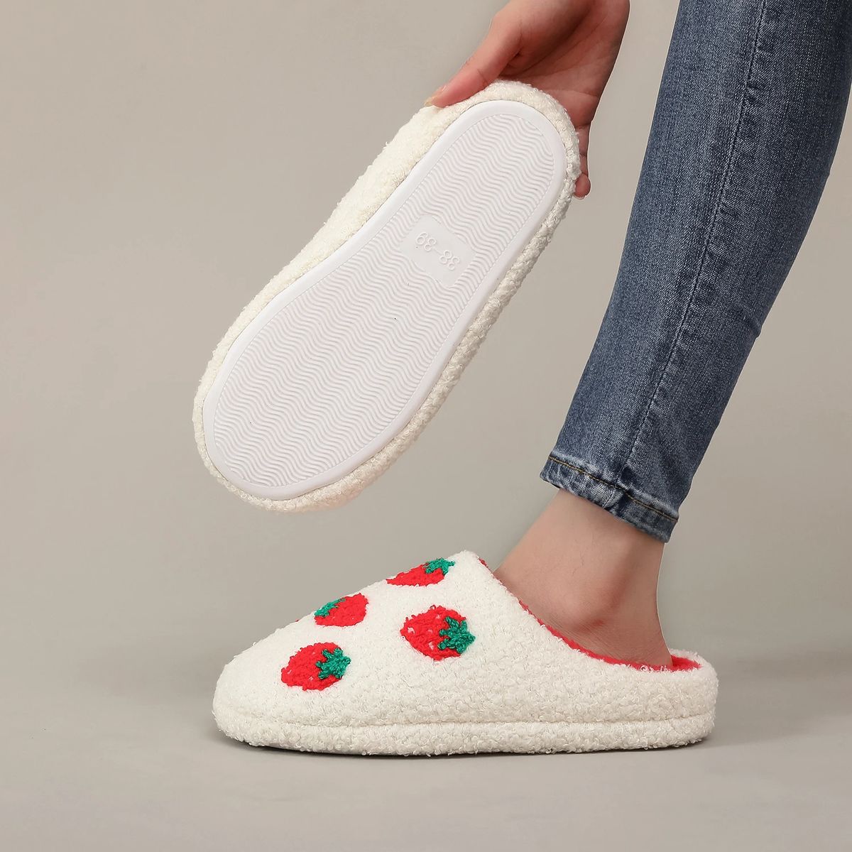 White Strawberry Embroidered Furry Indoor Winter Slippers