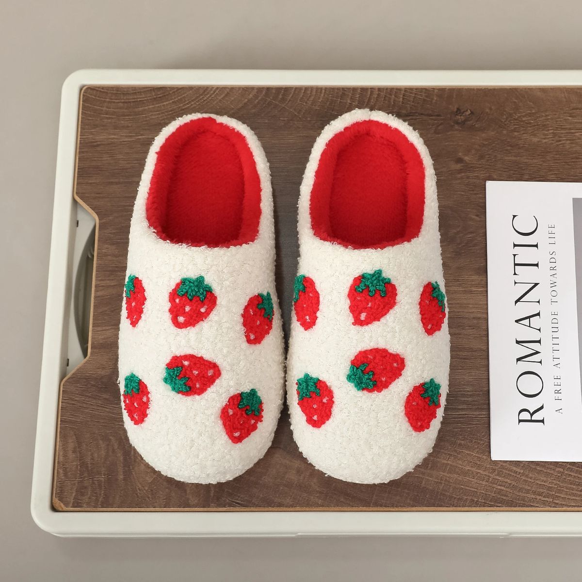 White Strawberry Embroidered Furry Indoor Winter Slippers