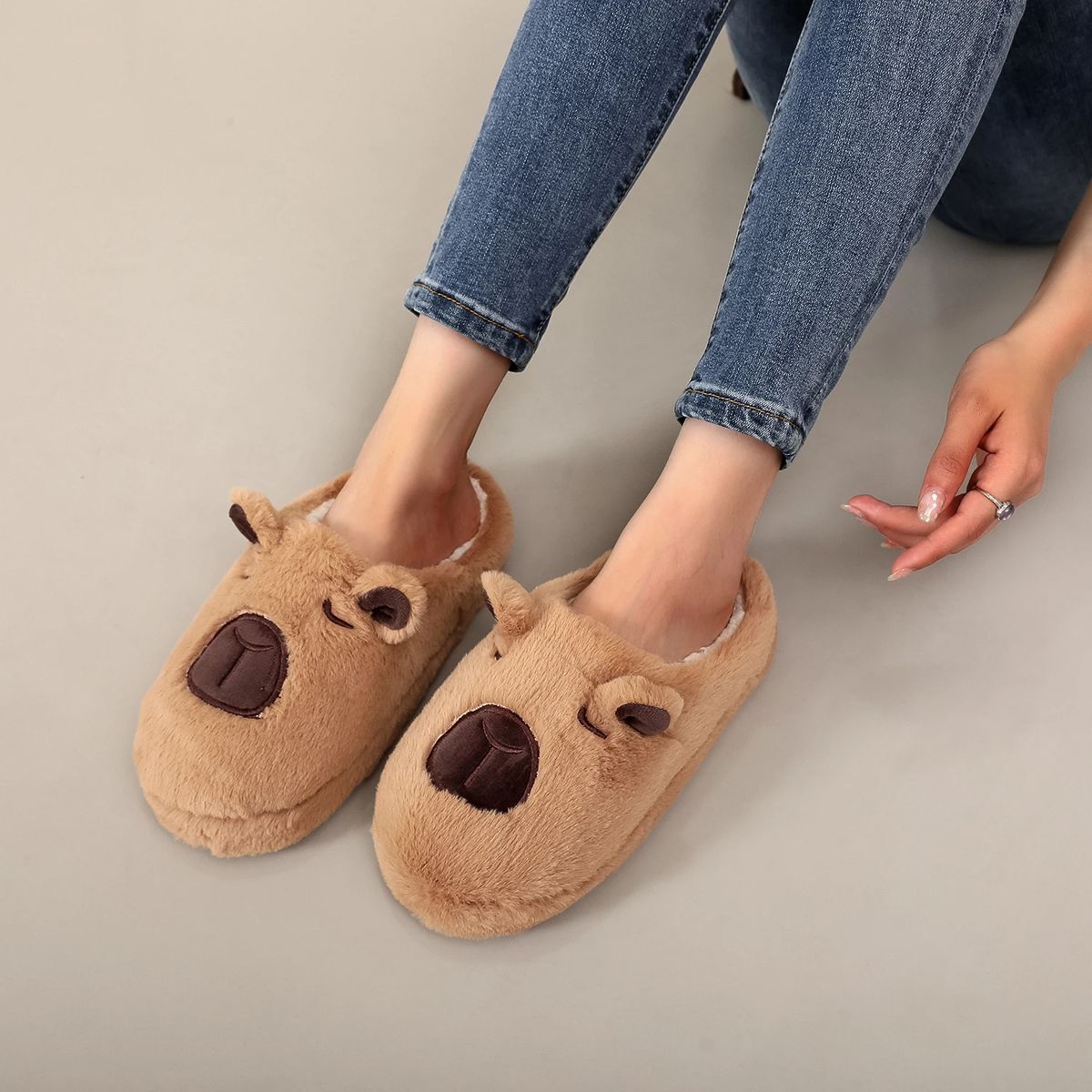 Capybara Plush Furry Indoor Slippers with Soft Non‑Slip Soles