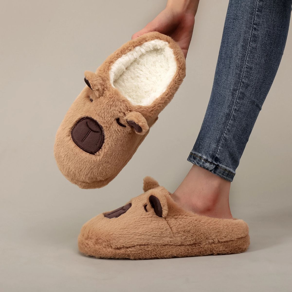 Capybara Plush Furry Indoor Slippers with Soft Non‑Slip Soles