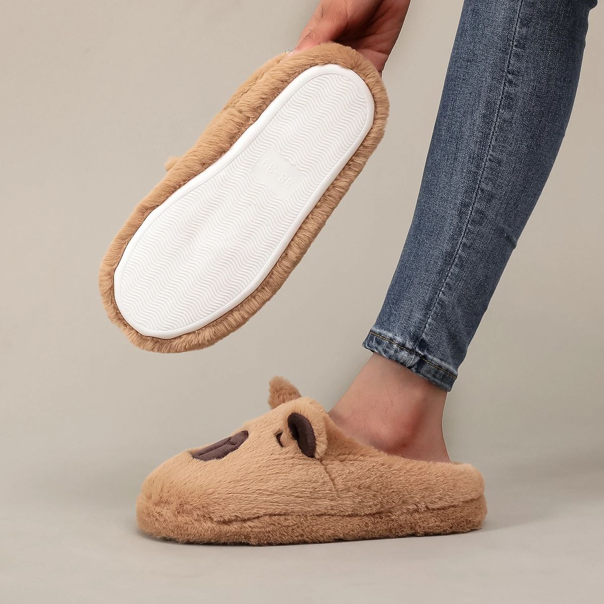 Capybara Plush Furry Indoor Slippers with Soft Non‑Slip Soles