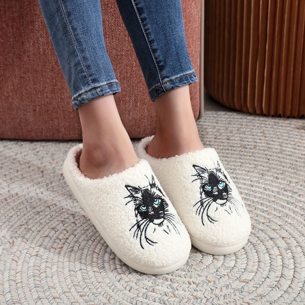 Cat Embroidered Furry Indoor Slippers with Thick Soft Soles