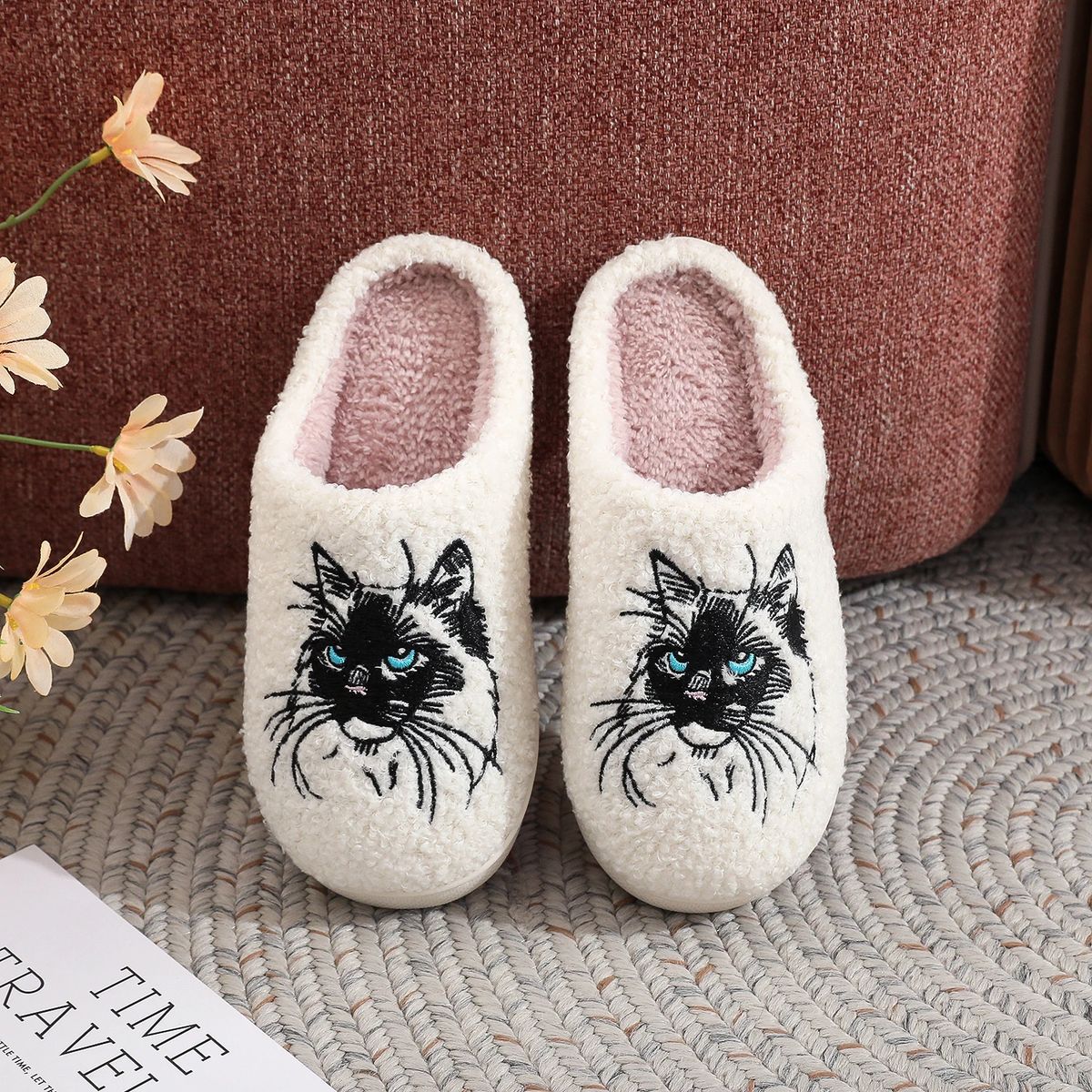 Cat Embroidered Furry Indoor Slippers with Thick Soft Soles