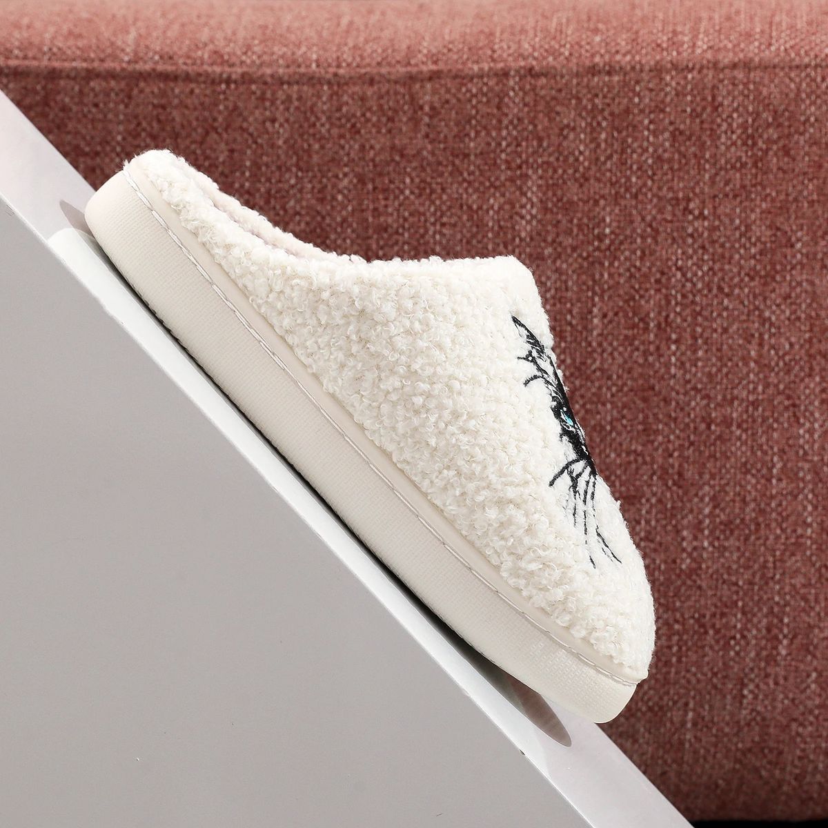 Cat Embroidered Furry Indoor Slippers with Thick Soft Soles