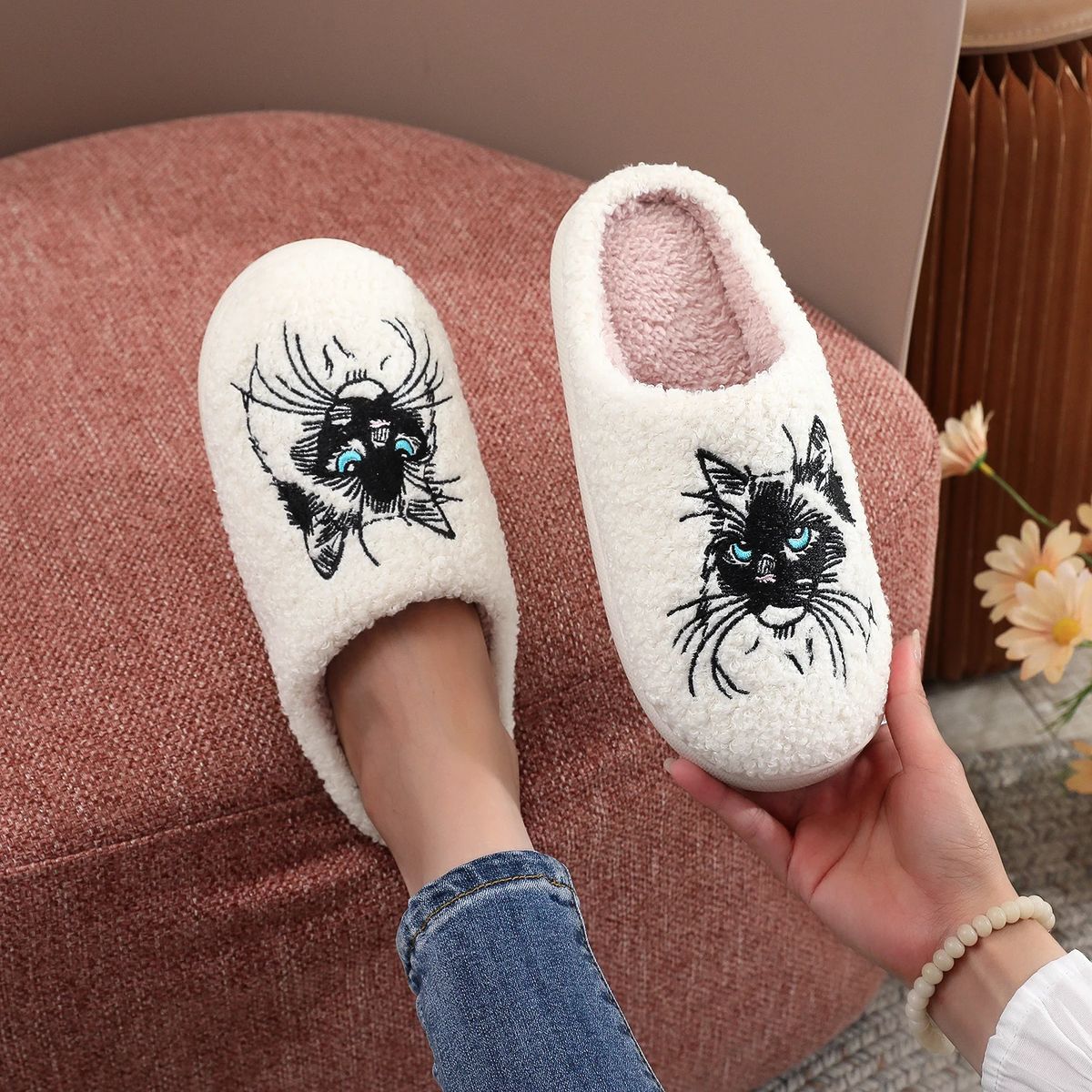 Cat Embroidered Furry Indoor Slippers with Thick Soft Soles