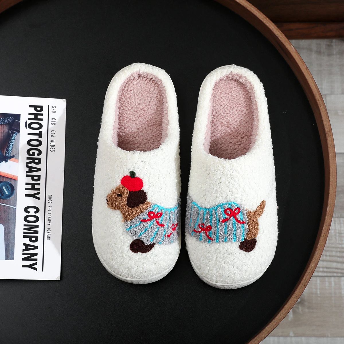 Dachshund Embroidered Furry Indoor Slippers with Thick Soft Soles