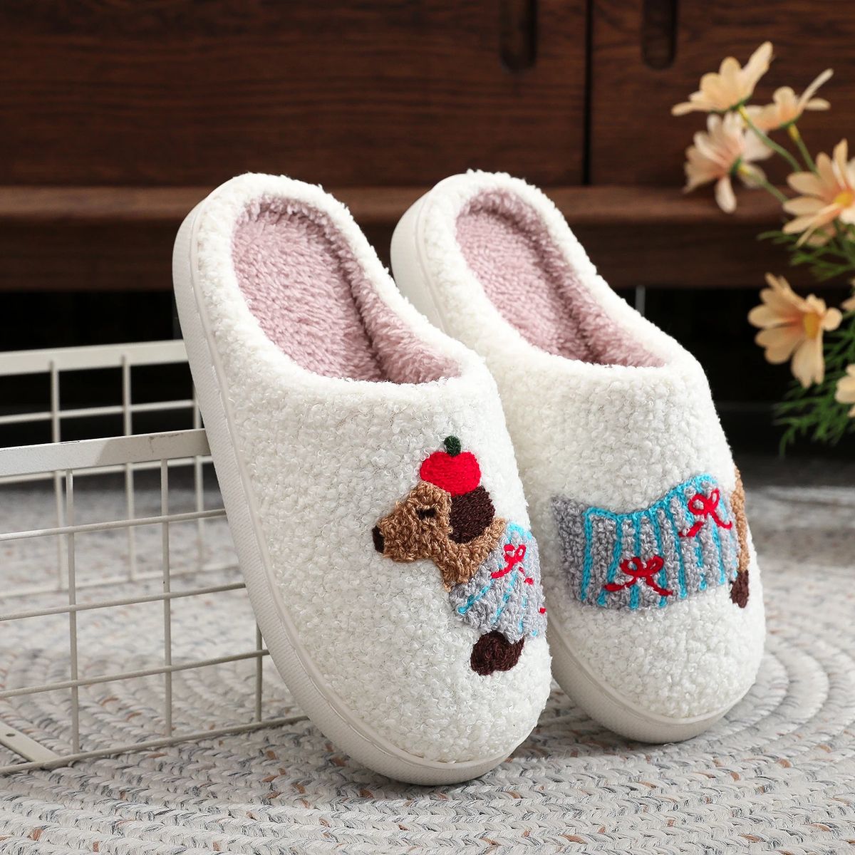 Dachshund Embroidered Furry Indoor Slippers with Thick Soft Soles