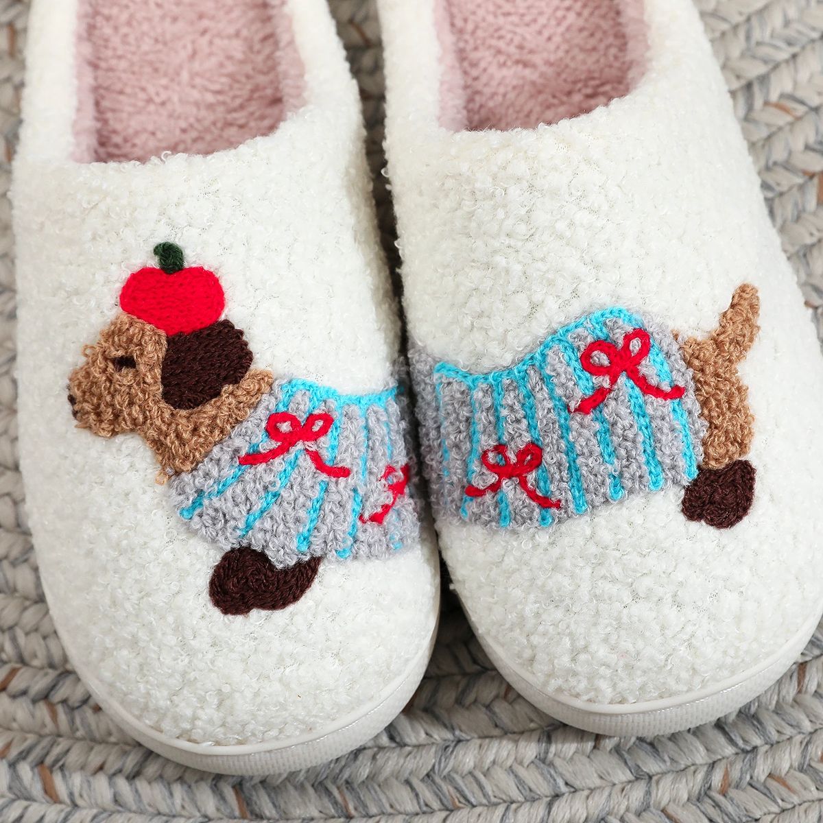 Dachshund Embroidered Furry Indoor Slippers with Thick Soft Soles