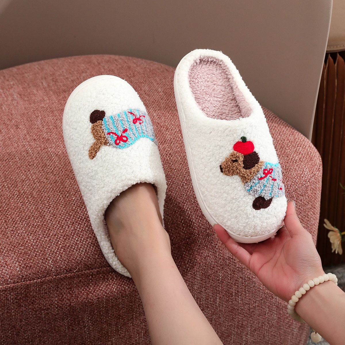 Dachshund Embroidered Furry Indoor Slippers with Thick Soft Soles
