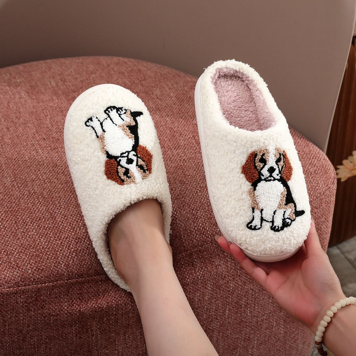 Beagle Dog Embroidered Cozy Indoor Slippers with Thick Soles