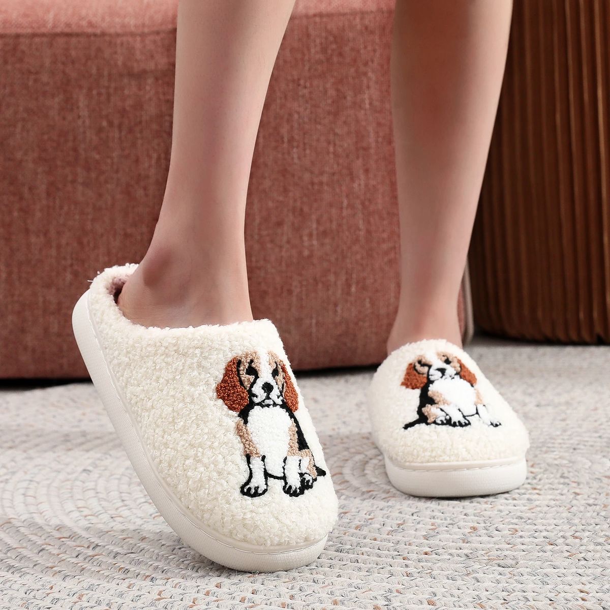 Beagle Dog Embroidered Cozy Indoor Slippers with Thick Soles