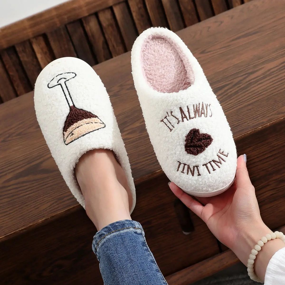 Martini Time Embroidered Furry Indoor Slippers for Cozy Comfort