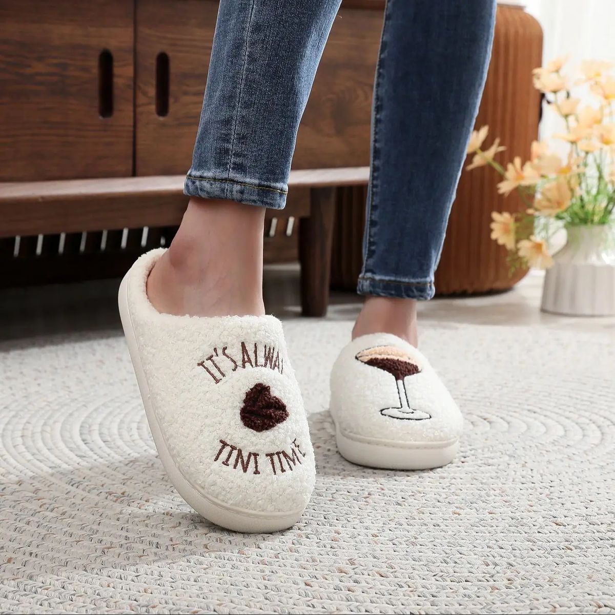 Martini Time Embroidered Furry Indoor Slippers for Cozy Comfort