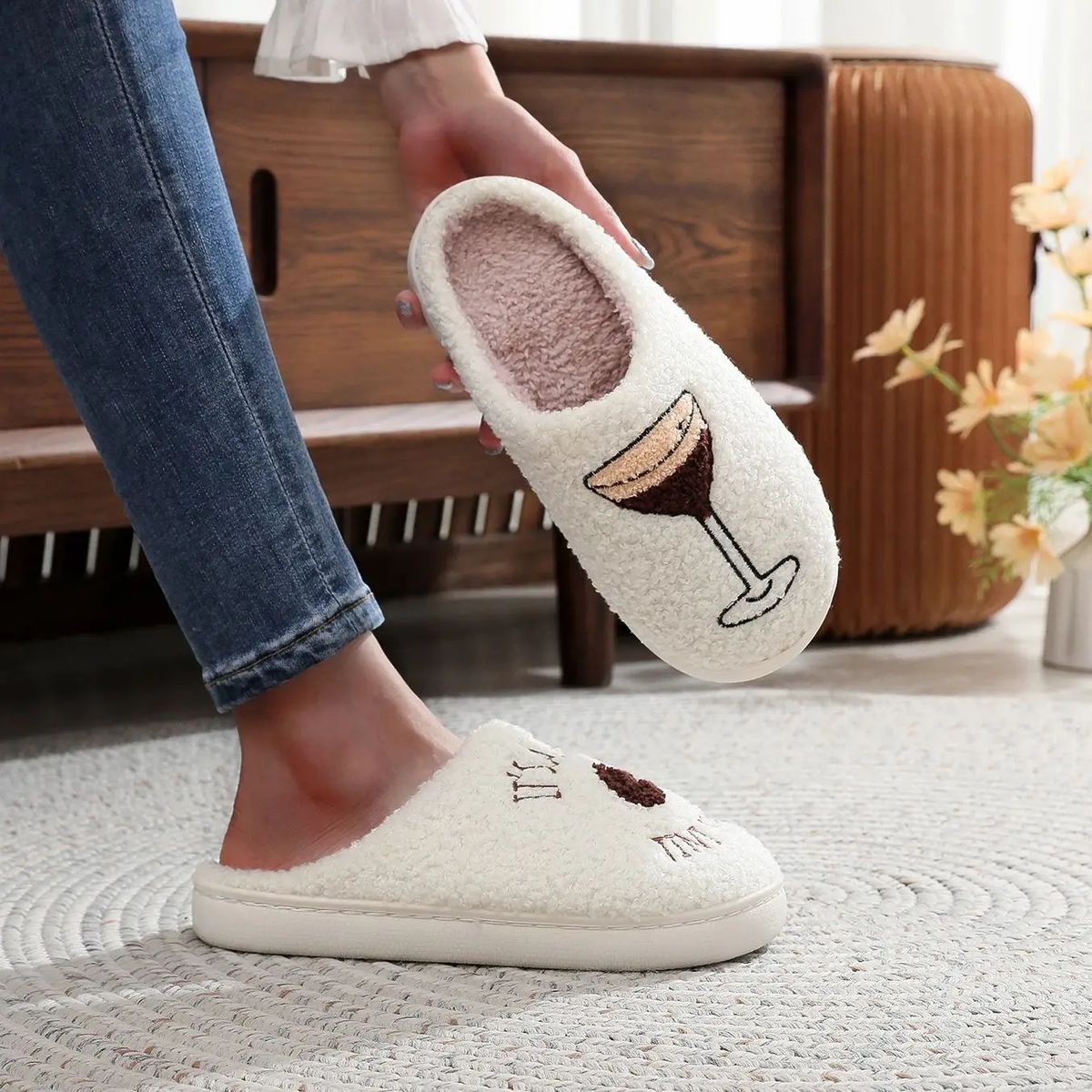 Martini Time Embroidered Furry Indoor Slippers for Cozy Comfort