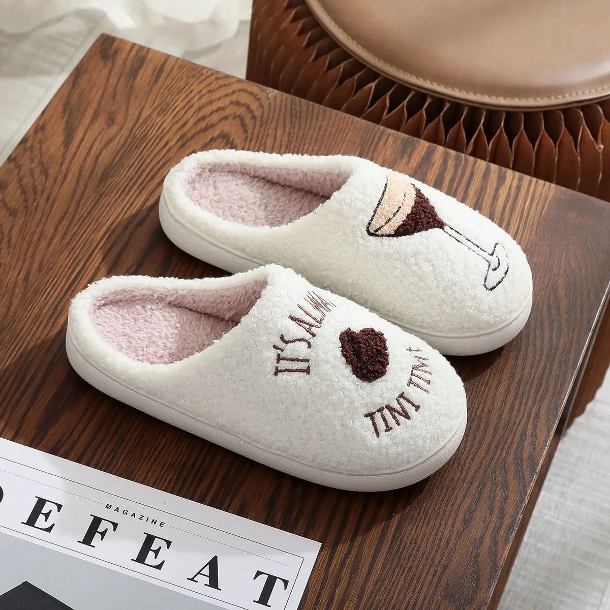 Martini Time Embroidered Furry Indoor Slippers for Cozy Comfort