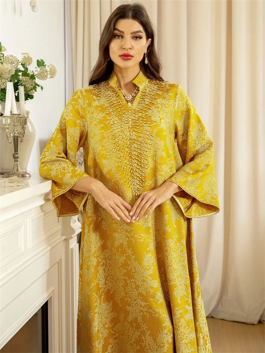 Elegant Embroidered Beaded Jalabiya Gown with Long Sleeves Elegant Embroidered Beaded Jalabiya Gown with Long Sleeves