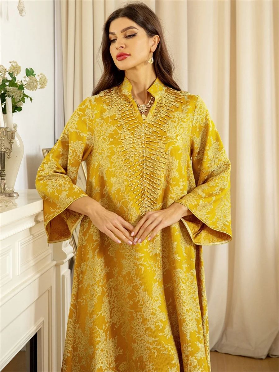 Elegant Embroidered Beaded Jalabiya Gown with Long Sleeves Elegant Embroidered Beaded Jalabiya Gown with Long Sleeves