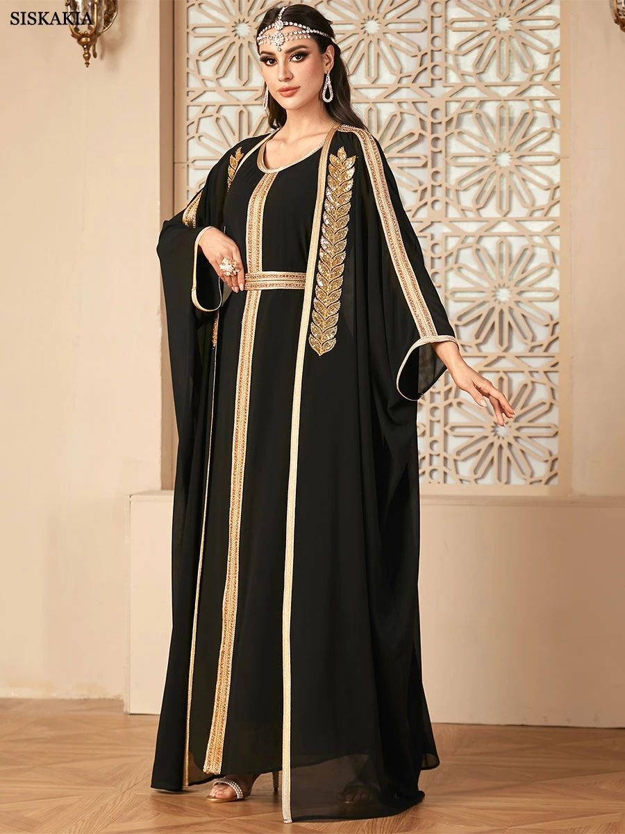 Stylish Two-Piece Sequin Jalabiya Set with Belt Detail Stylish Two-Piece Sequin Jalabiya Set with Belt Detail