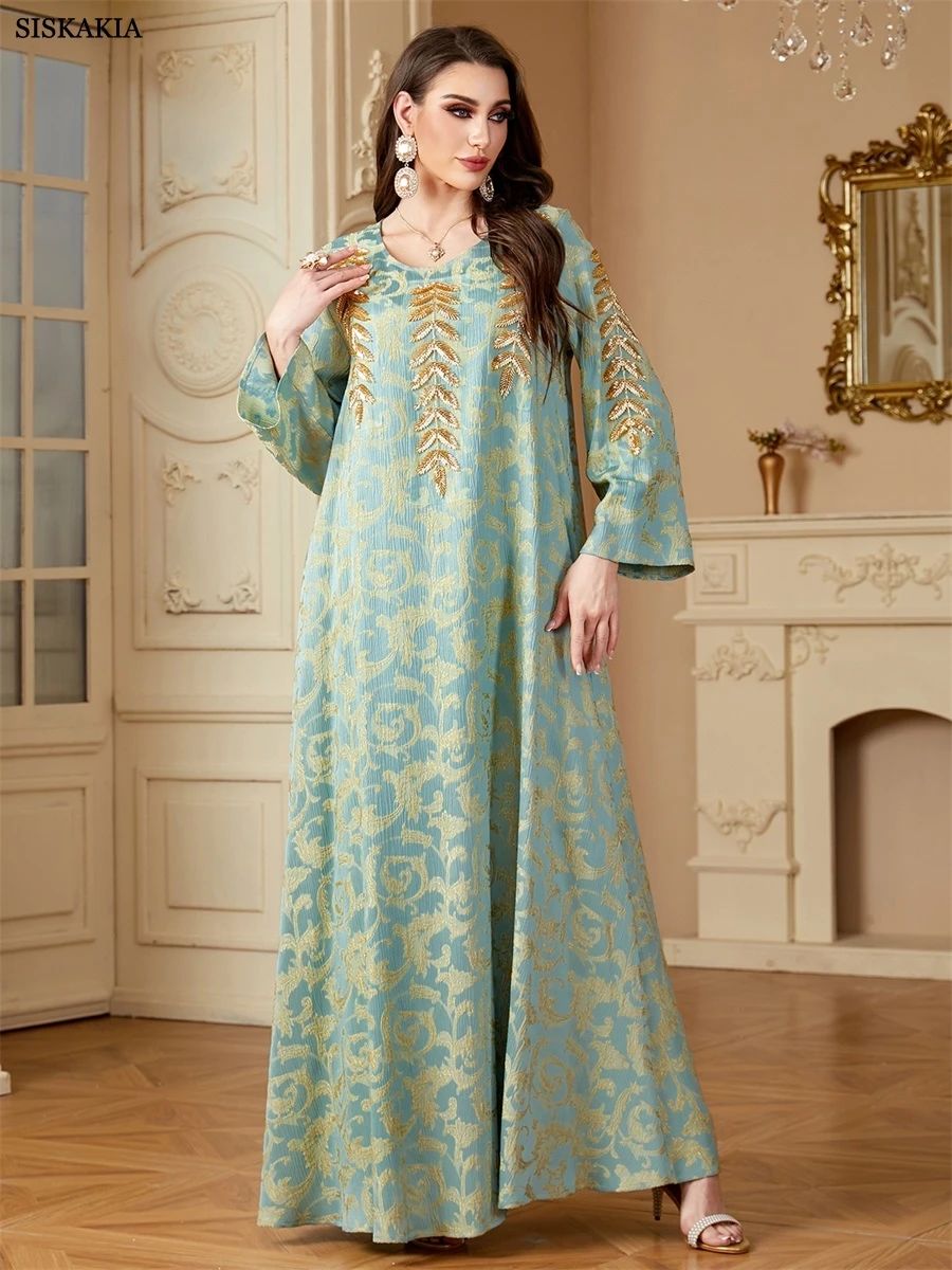Elegant Floral Print Jacquard Jalabiya with Beaded Appliques Elegant Floral Print Jacquard Jalabiya with Beaded Appliques