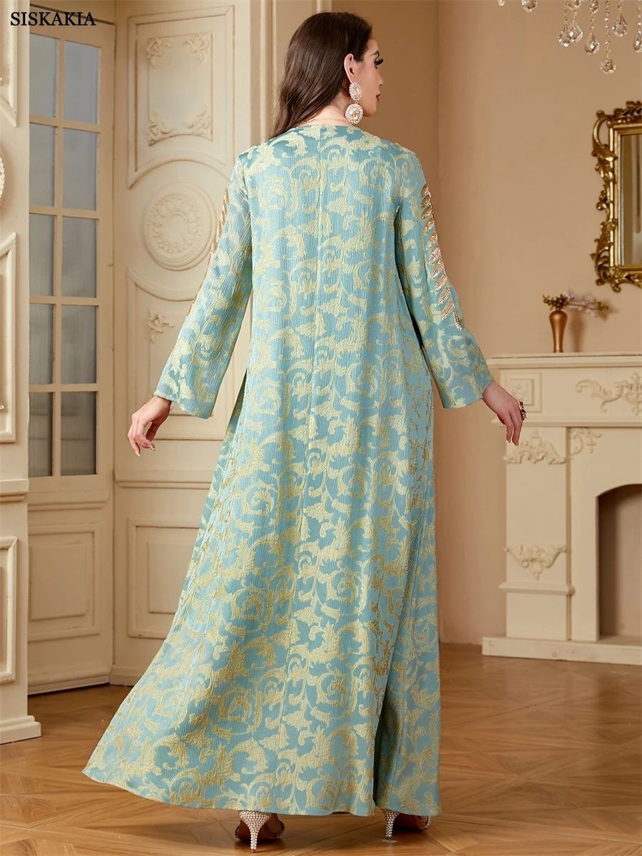Elegant Floral Print Jacquard Jalabiya with Beaded Appliques Elegant Floral Print Jacquard Jalabiya with Beaded Appliques