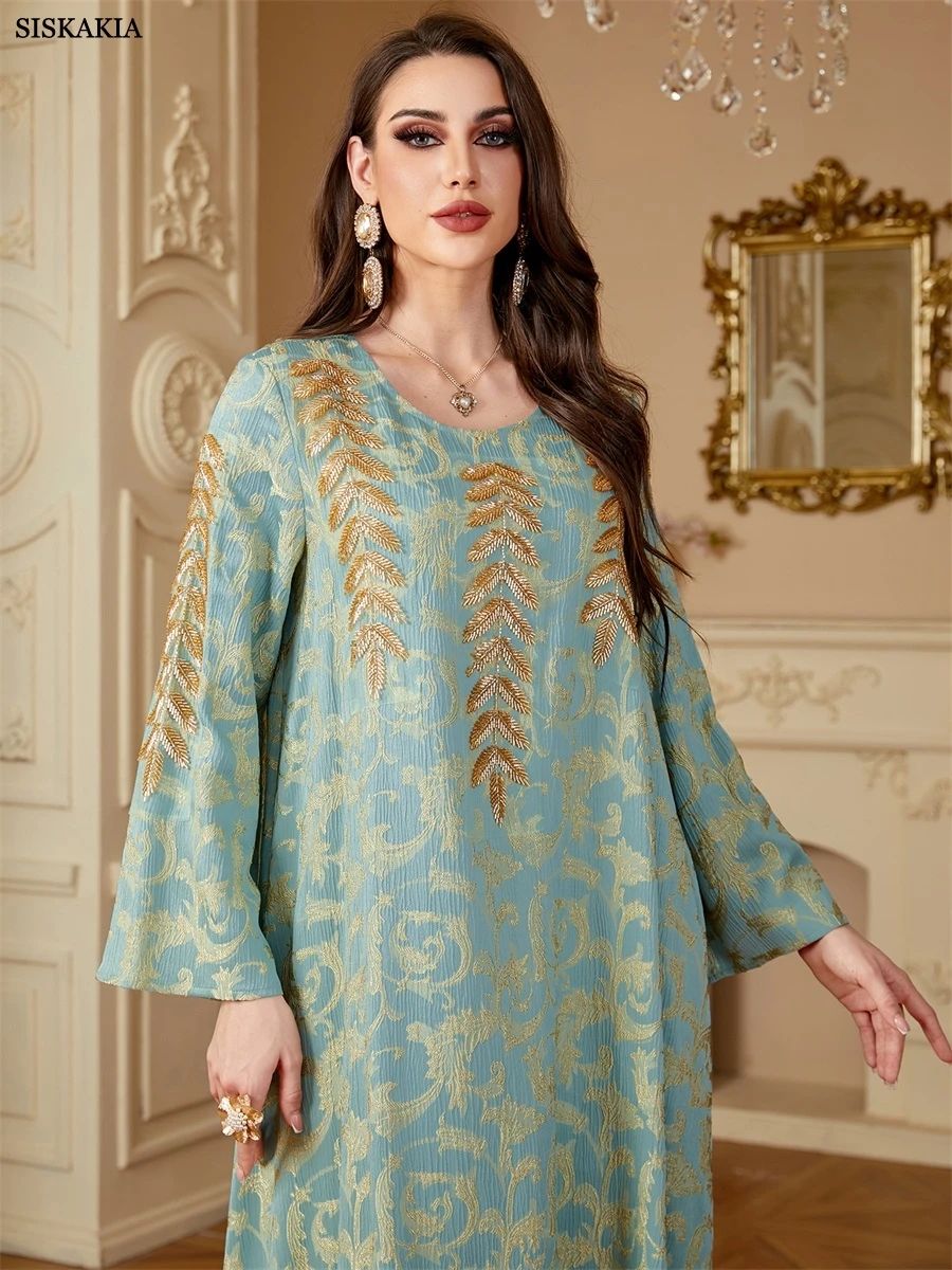 Elegant Floral Print Jacquard Jalabiya with Beaded Appliques Elegant Floral Print Jacquard Jalabiya with Beaded Appliques