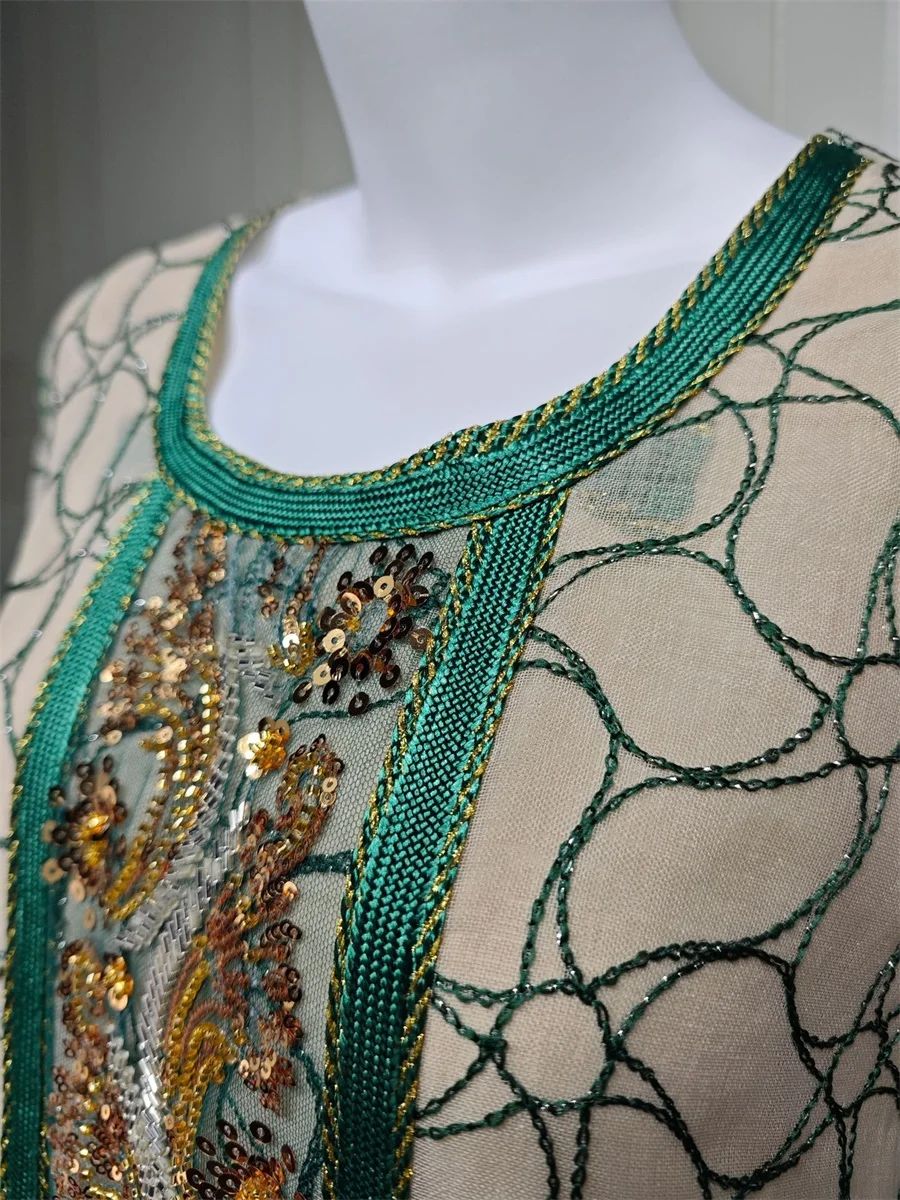 Elegant Mesh Embroidered Maxi Jalabiya with Sequin Patchwork