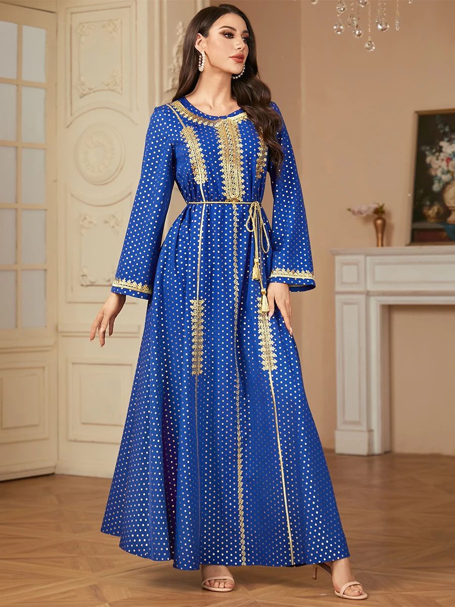 Polka Dot Embroidered Jalabiya with Belt and Long Sleeves