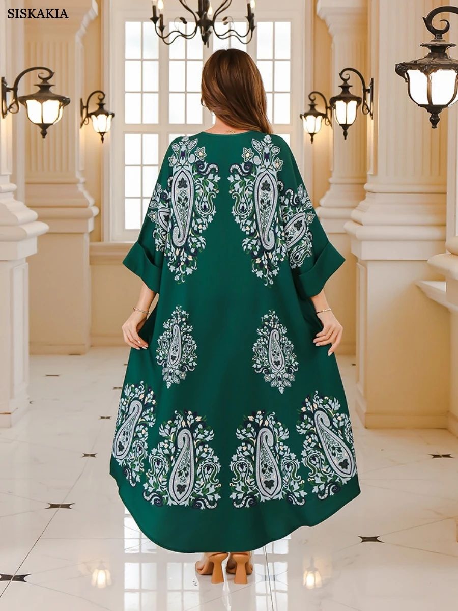 Floral Print Beaded Jalabiya with Folded Long Sleeves Siskakia - Women's Jalabiyas 1