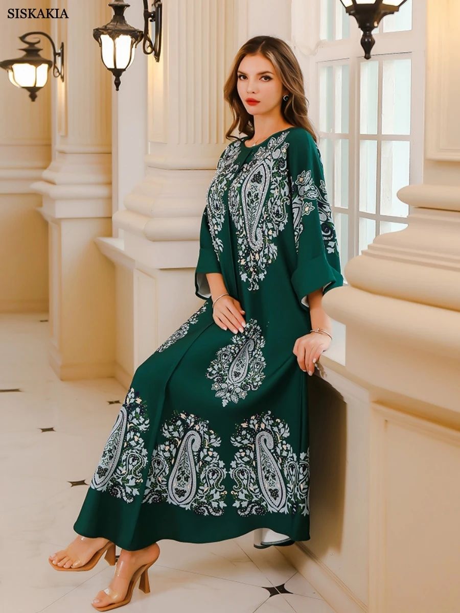 Floral Print Beaded Jalabiya with Folded Long Sleeves Siskakia - Women's Jalabiyas 2