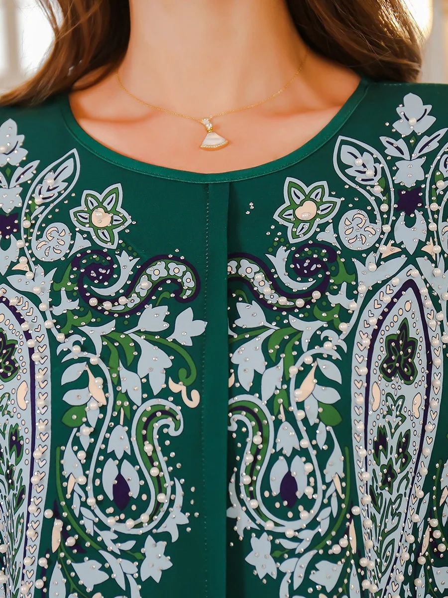 Floral Print Beaded Jalabiya with Folded Long Sleeves Siskakia - Women's Jalabiyas 3