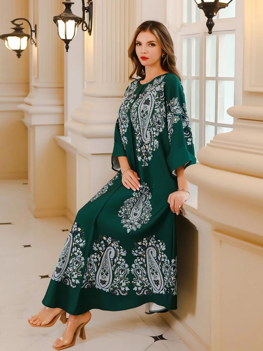 Floral Print Beaded Jalabiya with Folded Long Sleeves Siskakia - Women's Jalabiyas 4